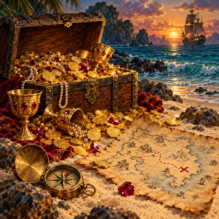 A chest of gold doubloons on a beach with a treasure map and compass